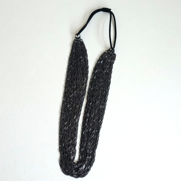 Art Deco Women's Multi-Strand Pewter Black Chainlink Headband w Elastic Band - Picture 11 of 13